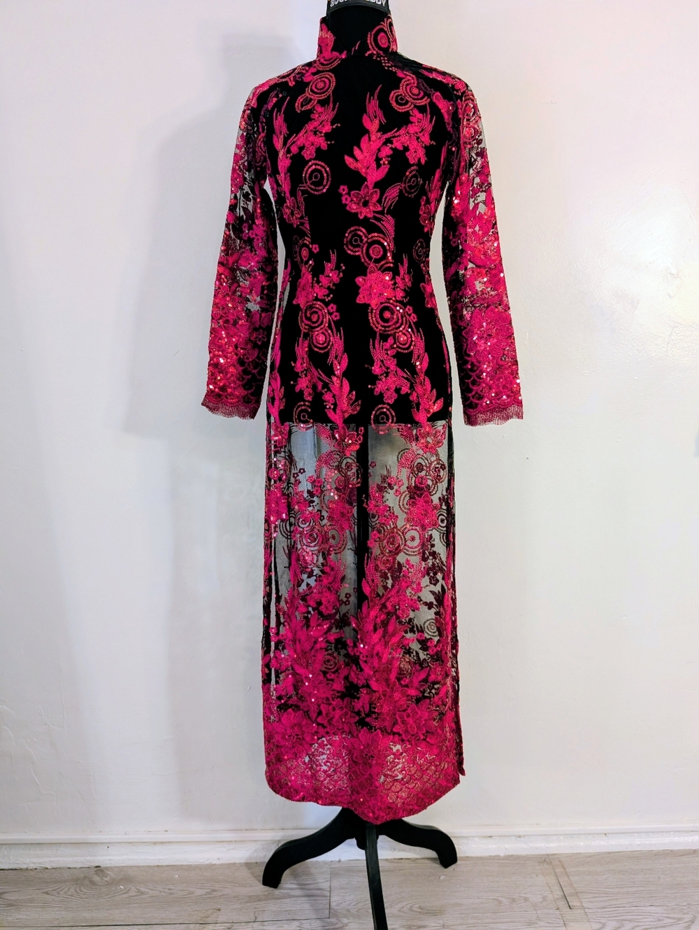Bundle 3/$30 Ao Dai Vietnamese Bold Fuchsia Lace Overlay Sheer Dress